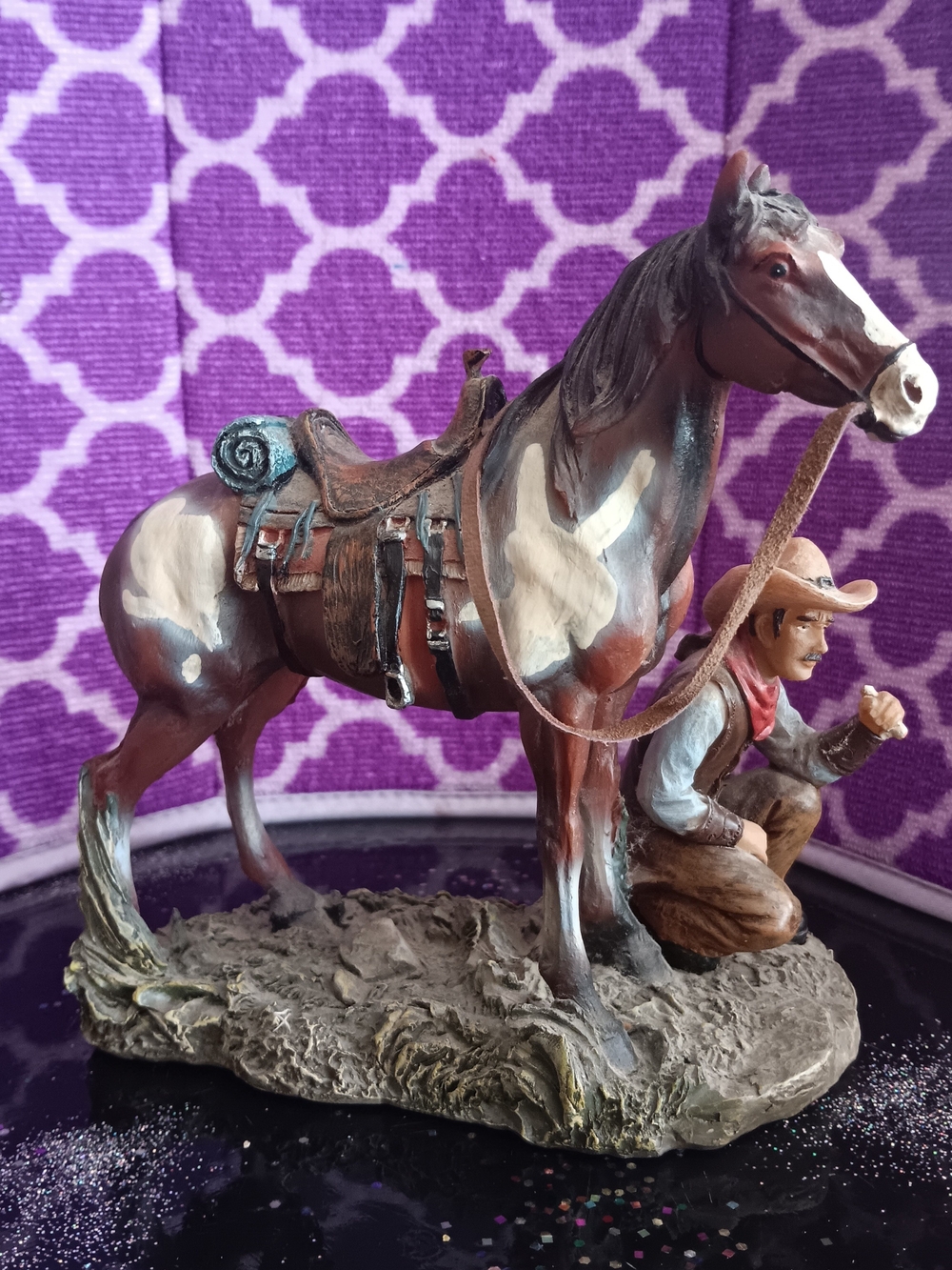 Rustic Cowboy & Horse Figurine Statue in Brown and Cream